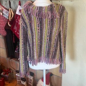 AZULEROS Vintage Fringe Multi-Textured Cowl Neck Sweater, size M
